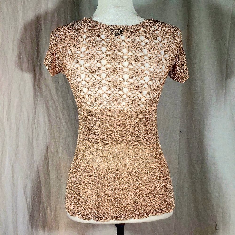 Majora beige crochet cap-sleeved top, M, EUC - Picture 3 of 6